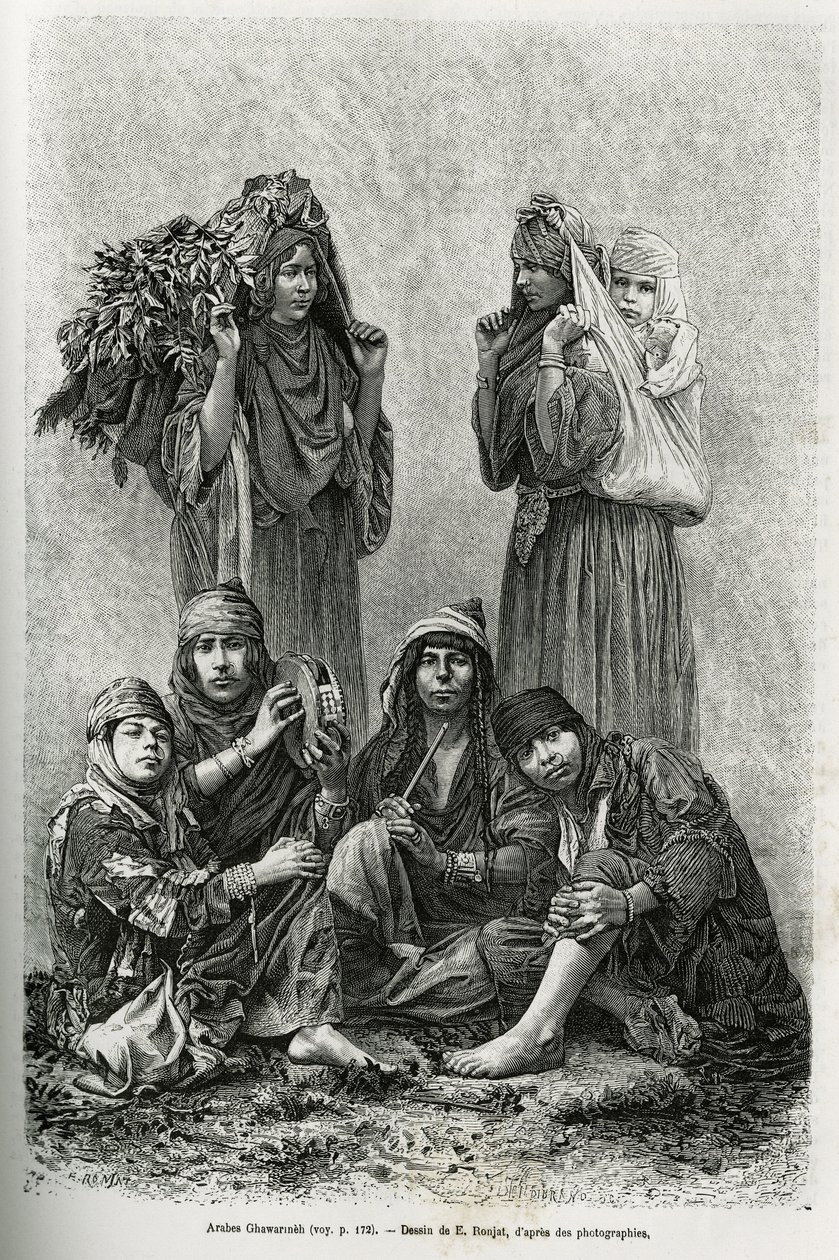 Arabowie Ghawarineh, koczownicy z basenu Morza Martwego. Grawer autorstwa E.Ronjata, aby zilustrować historię dzisiejszej Syrii, autorstwa M.Lorteta, dziekana Wydziału Lekarskiego w Lyonie, któremu Ministerstwo Edukacji Publicznej powierza misję naukową, o autorstwa Etienne Antoine Eugene Ronjat