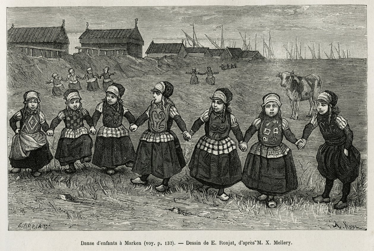 Tańce dziecięce w Marken (Holandia), rycina według rysunku E.Ronjata, ilustrująca historię Neerlande, autorstwa Charlesa de Coster, w 1878 r., opublikowana w tour du monde, pod kierunkiem Edouarda Chartona autorstwa Etienne Antoine Eugene Ronjat