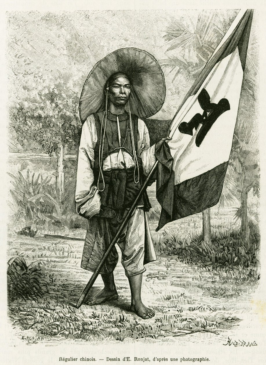 Chińska reguła. Grawer E.Ronjata, po fotografii, aby zilustrować historię Trente mois au Tonkin w 1884 r., autorstwa doktora Hocquarda, in le tour du monde 1889, w reżyserii Edouarda Chartona (1807-1890), Hachette, Paryż. autorstwa Etienne Antoine Eugene Ronjat