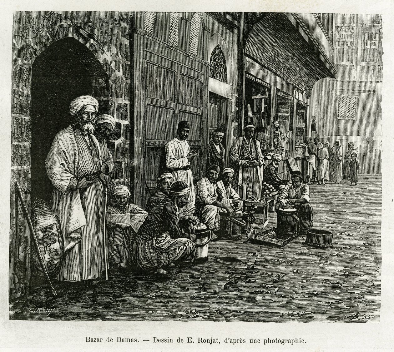 Bazar w Damaszku. Grawerowanie E.Ronjata, aby zilustrować historię La Syria d