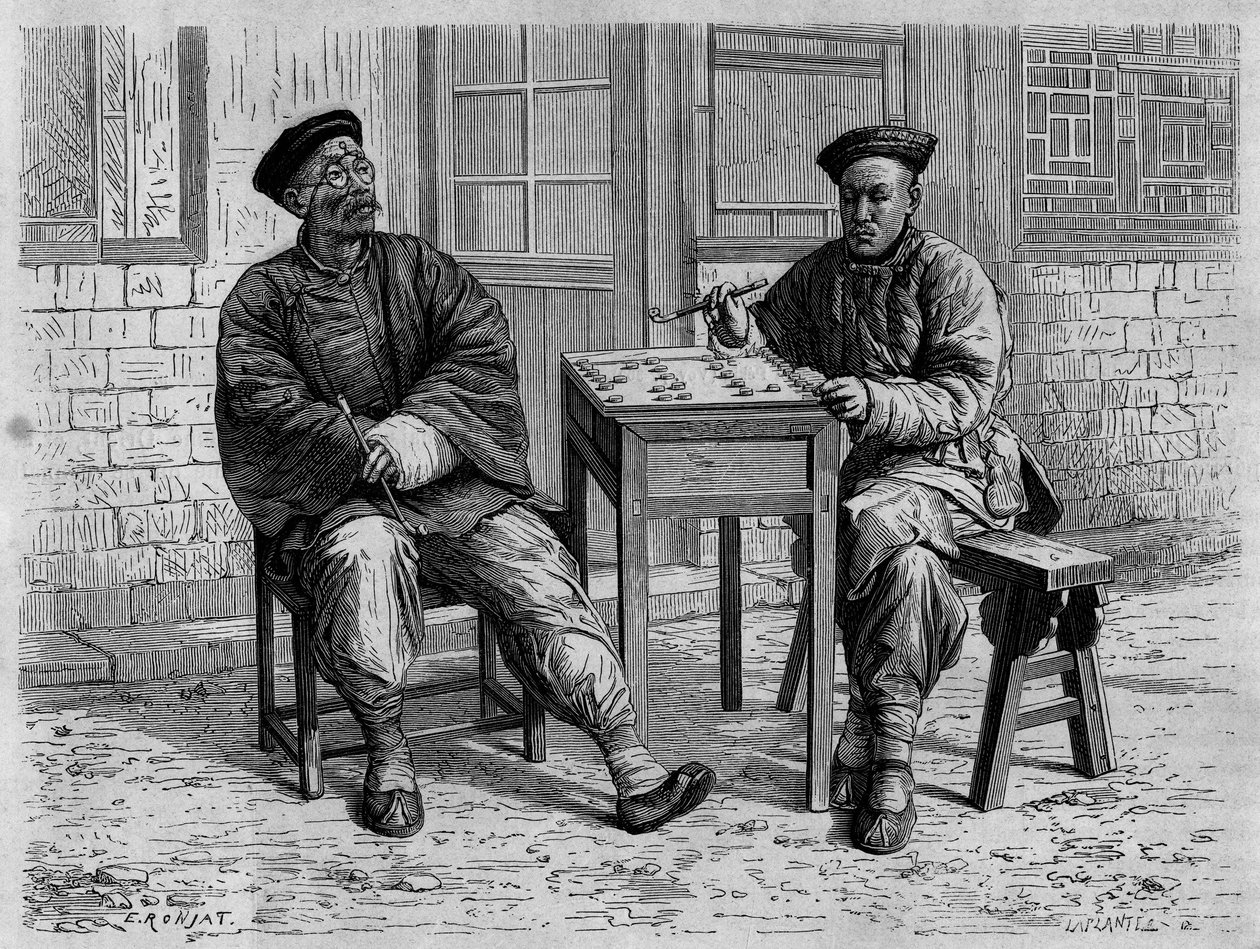 Idź graczy na ulice Pekinu (Pekin) w XIX wieku. Grawer według rysunku Ronjata, według fotografii doktora Morache, w „Le Tour du Monde, Nouveau journal des Voyages”, pod redakcją Edouarda Chartona, Paryż autorstwa Etienne Antoine Eugene Ronjat