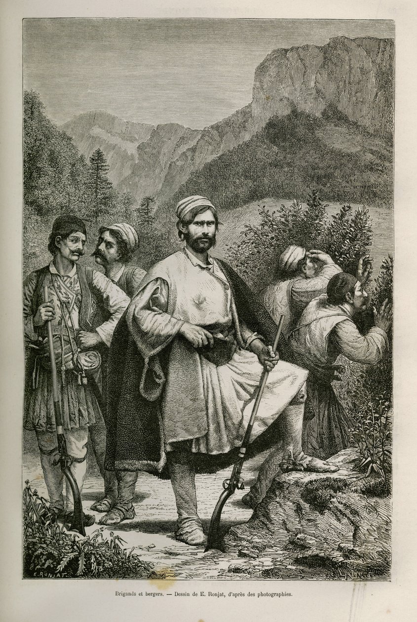 Greccy zbójcy i pasterze, wspólnicy w górach, rysunek E.Ronjata, ilustrujący historię Henri Belle: Podróż do Grecji autorstwa Etienne Antoine Eugene Ronjat