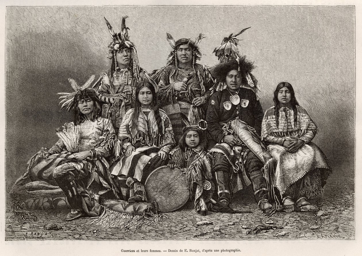Indyjscy wojownicy i ich żony (Teksas). Grawer na podstawie rysunku E.Ronjata, aby zilustrować historię La conquete blanche, autorstwa Williama Hepwortha Dixona, w 1875 r., opublikowany w „” Le tour du monde””” 1876, pod redakcją Edouarda Chartona, wydanie autorstwa Etienne Antoine Eugene Ronjat