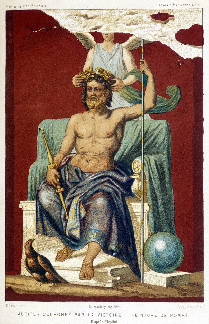 Jowisz (Zeus) ukoronowany Zwycięstwem - według fresku Pompejów wzniesionego przez Nicoliniego. autorstwa Etienne Antoine Eugene Ronjat