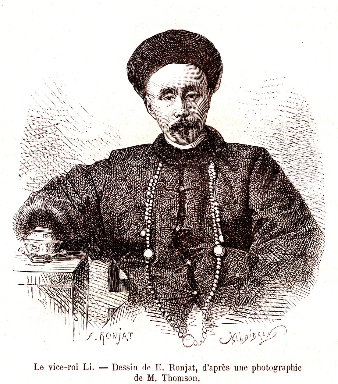 Li Hongzang, wicekról Zhili, na dworze cesarskim Chin. 1873 (grawerowanie) autorstwa Etienne Antoine Eugene Ronjat