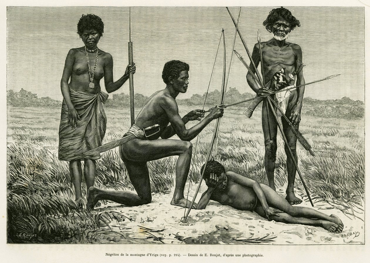 Negritos z góry Yriga. Grawerowanie autorstwa E.Ronjata ilustrujące historię Lucon i Palaouan, sześć lat na Filipinach, Alfreda Marche (1844-1898), in le tour du monde 1886, reżyseria Edouard Charton (1807-1890), Hachette, Paryż. autorstwa Etienne Antoine Eugene Ronjat