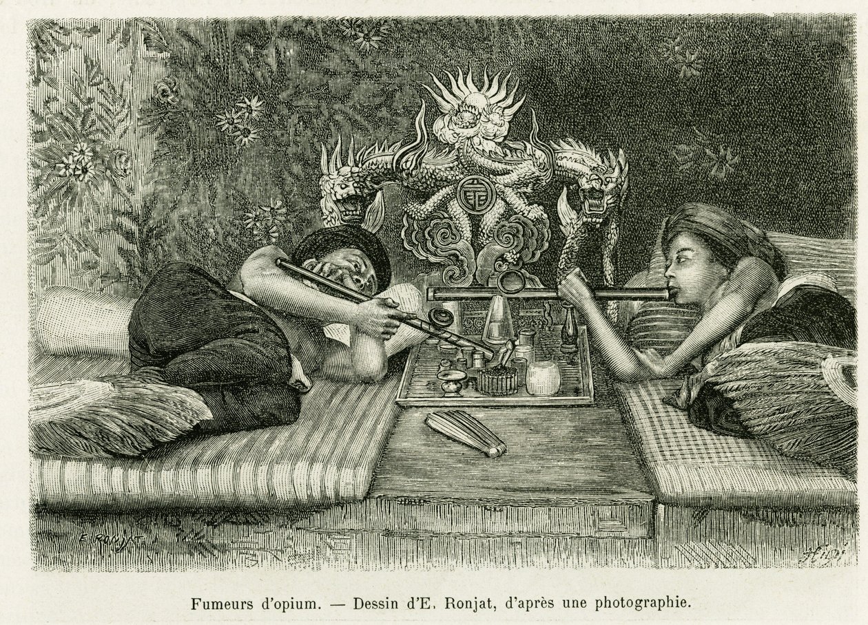 Palacze opium. Grawer E.Ronjata, po fotografii, aby zilustrować historię Trente mois au Tonkin w 1884 r., autorstwa doktora Hocquarda, in le tour du monde 1889, w reżyserii Edouarda Chartona (1807-1890), Hachette, Paryż. autorstwa Etienne Antoine Eugene Ronjat