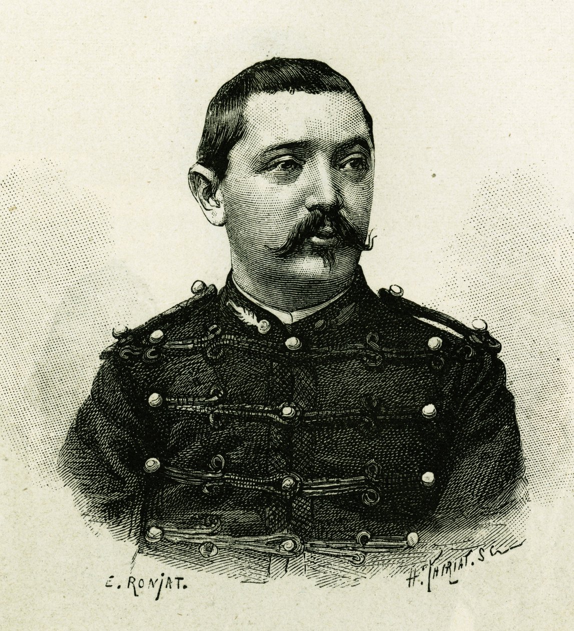 Portret kapitana Pietriego z artylerii morskiej podczas wyprawy do Afryki 1879-1882 pod dowództwem Gallieniego. Grawer E. Ronjata, z fotografii, ilustrujący historię „Exploration du Haut Niger (Haut Niger)” (dzisiejsze Mali) autorstwa autorstwa Etienne Antoine Eugene Ronjat