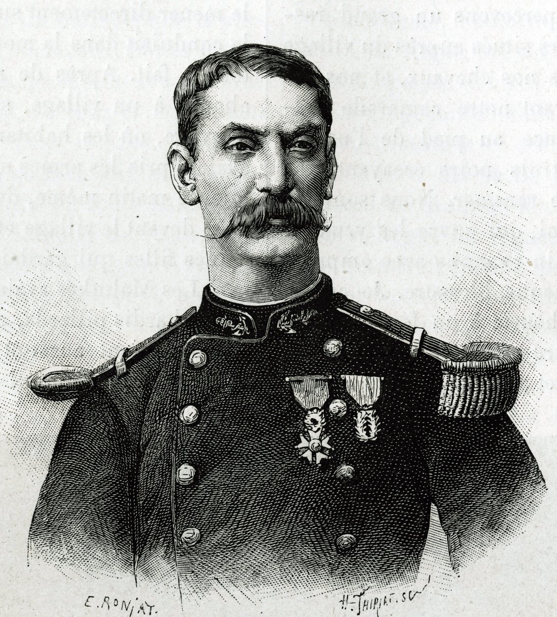 Portret komandora Josepha Gallieniego podczas wyprawy do Afryki (1879-1882). Grawer E. Ronjata po fotografii, ilustrujący opowiadanie „Exploration du Haut Niger (Haut Niger)” (dzisiejsze Mali) przez komandora Josepha Gallieniego (1849-1916) autorstwa Etienne Antoine Eugene Ronjat