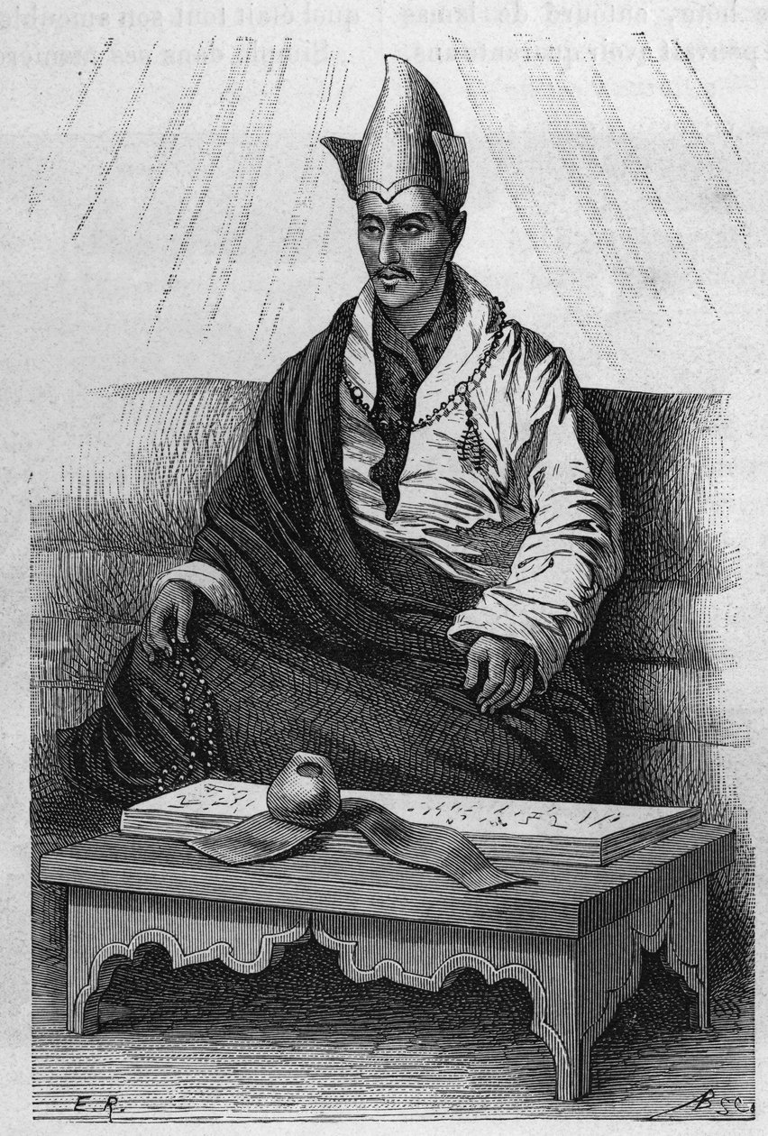 Portret „”Chutukchy””, arcykapłana Tybetu w latach 1870-1880. Grawer według rysunku Ronjata, w „”Le Tour du Monde, Nouveau journal des Voyages””, pod redakcją Edouarda Chartona, Paryż autorstwa Etienne Antoine Eugene Ronjat