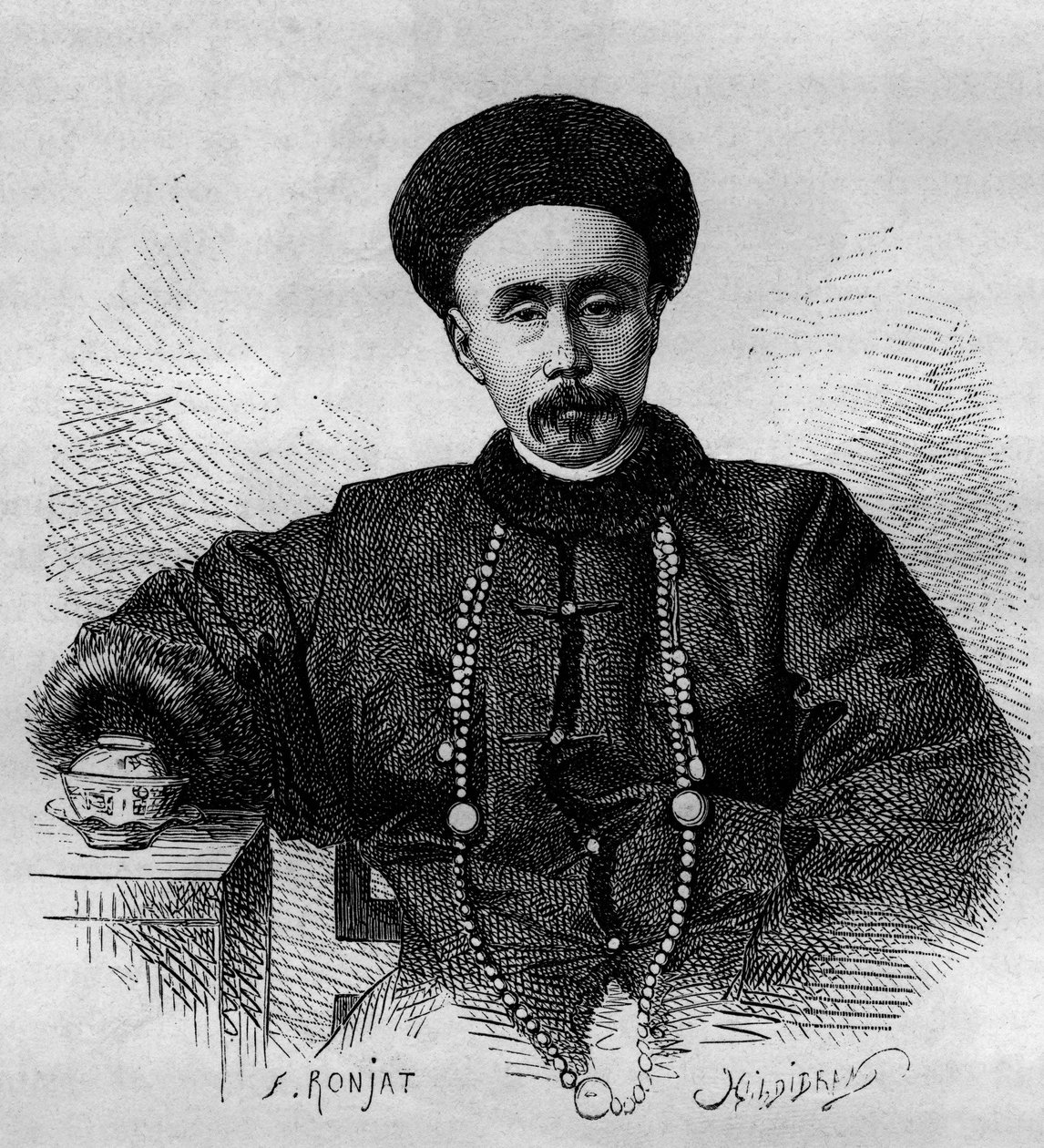 Portret Li Hongzhanga (1832-1901), chińskiego generała i wicekróla (wicekróla) Żyli w latach 1871-1895 i 1900-1901. Rycina z rysunku Ronjata, ze zdjęcia Thomsona, w „” Le Tour du Monde, Nouveau journal des Voyages””, pod red. autorstwa Etienne Antoine Eugene Ronjat