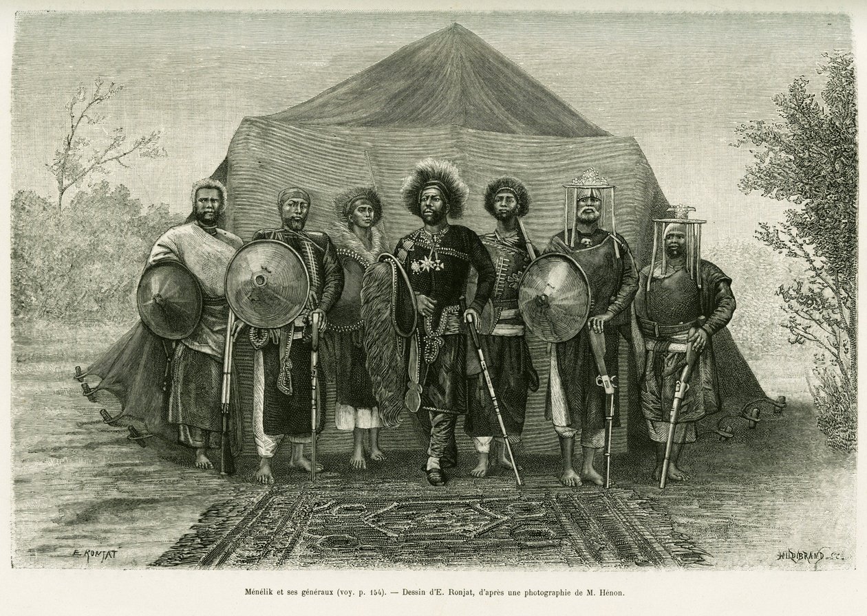 Portret księcia Menelika II z Etiopii (1844-1913), w otoczeniu generałów. Grawer autorstwa Ronjata, po zdjęciu, ilustrujący historię Voyage au Choa (Abyssinie meridionale) autorstwa Etienne Antoine Eugene Ronjat