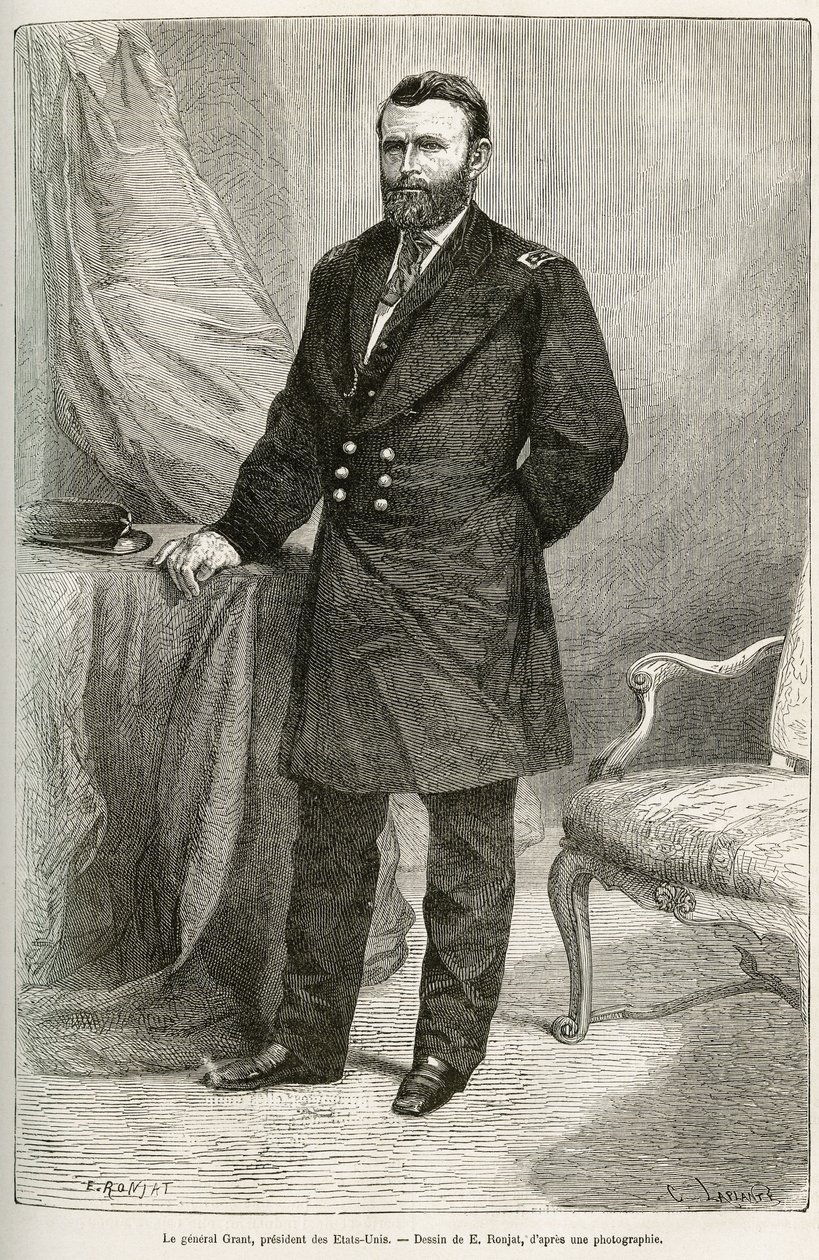 Portret Ulyssesa Granta (1822-1885), amerykańskiego generała, dowódcy wojsk Unii podczas wojny secesyjnej i 18. prezydenta Stanów Zjednoczonych (Stany Zjednoczone) przez dwie kadencje w latach 1869-1877. Rycina wg rysunku E.Ronjata, do zilustruj sto autorstwa Etienne Antoine Eugene Ronjat
