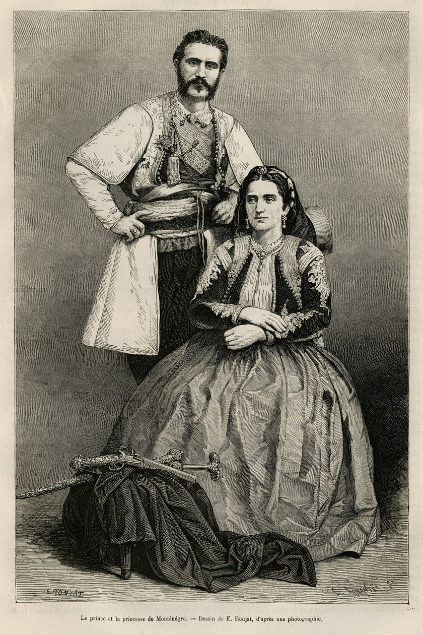 Portrety księcia Czarnogóry Mikołaja I Petrovicza Niegoscha (1841-1921) i jego żony Mileny z domu Voukovich (1847-1923), rysunek E.Ronjata, ilustrujący podróż do Czarnogóry w 1874 roku, autorstwa Charlesa Yriarte (1832) -1898). Grawerowanie w Le tour du autorstwa Etienne Antoine Eugene Ronjat