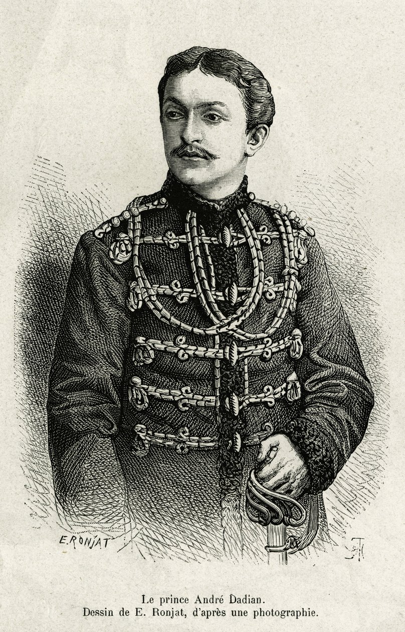Książę Andre Dadian z Mingrelie (1850-1910), generał armii rosyjskiej i mistrz szachowy. Grawer autorstwa E.Ronjata, ilustrujący historię Un tour en Mingrelie (region Gruzji, rozciągający się między Kaukazem a Riom), autorstwa Carli Sereny, w latach 1876-1 autorstwa Etienne Antoine Eugene Ronjat