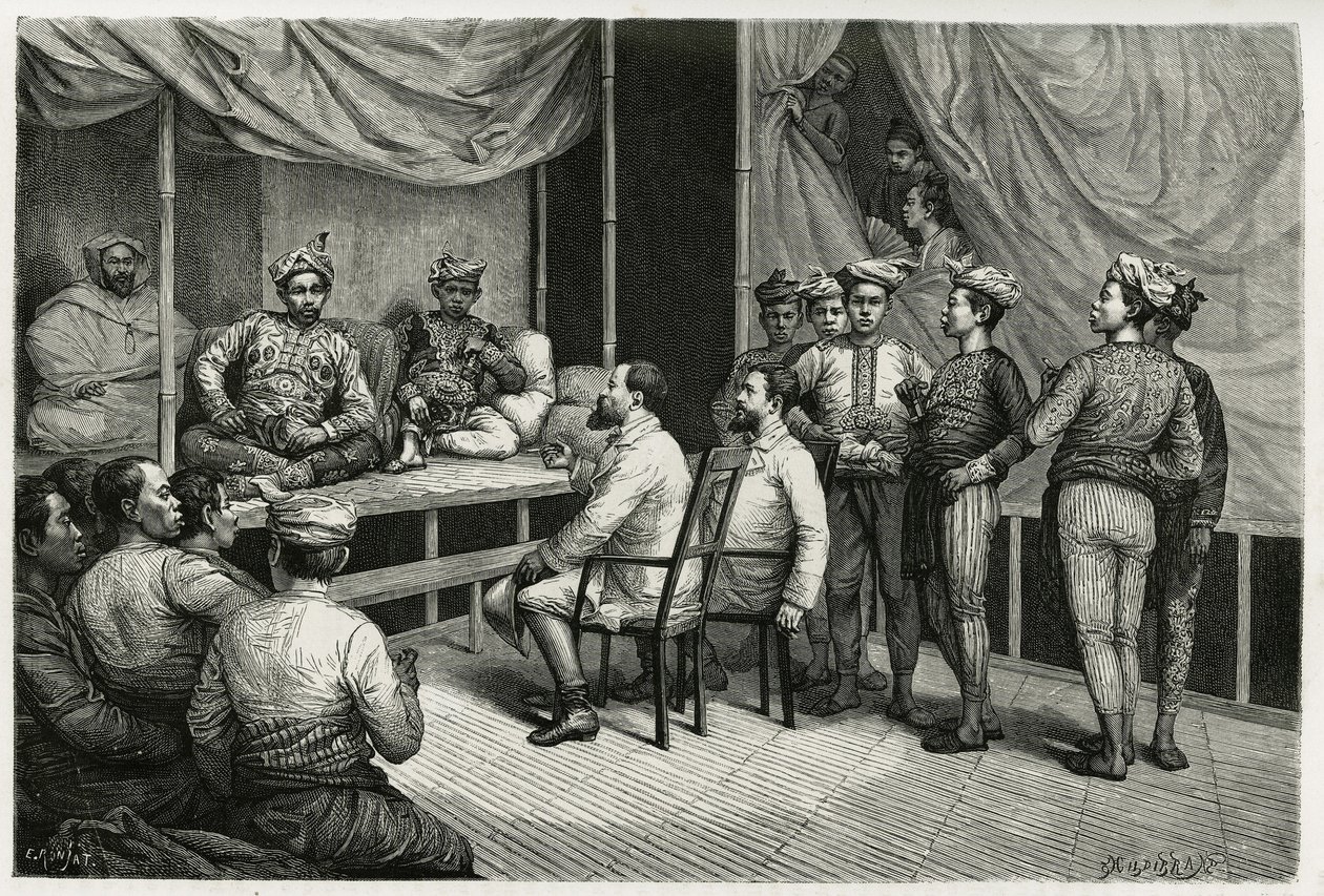 Przyjęcie podróżnych w pałacu sułtana Soulou (lub Sulu) (archipelag Filipin), Mohammed Yamalul Alam. Grawer autorstwa E.Ronjata, aby zilustrować historię „”Podróż na Filipiny”” autorstwa Etienne Antoine Eugene Ronjat