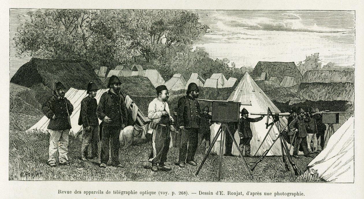 Przegląd aparatury telegrafii optycznej. Grawerowanie E.Ronjata, aby zilustrować historię Trente mois au Tonkin, w 1884 r., autorstwa doktora Paula Hocquarda, in le tour du monde 1890, pod kierunkiem Edouarda Chartona (1807-1890), Hachette, Paryż. autorstwa Etienne Antoine Eugene Ronjat