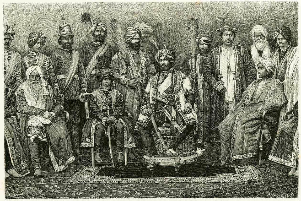 Kaszmirski maharadża, Rambhir Sing i jego dwór. Grawer autorstwa E. Ronjata, ilustrujący historię „Portret paryżanki w Himalajach Zachodnich”, w 1881 r. autorstwa Marie de Ujfalvy-Bourdon (Ujfalvy Bourdon). Opublikowano w Tour du monde, 2 semestr autorstwa Etienne Antoine Eugene Ronjat