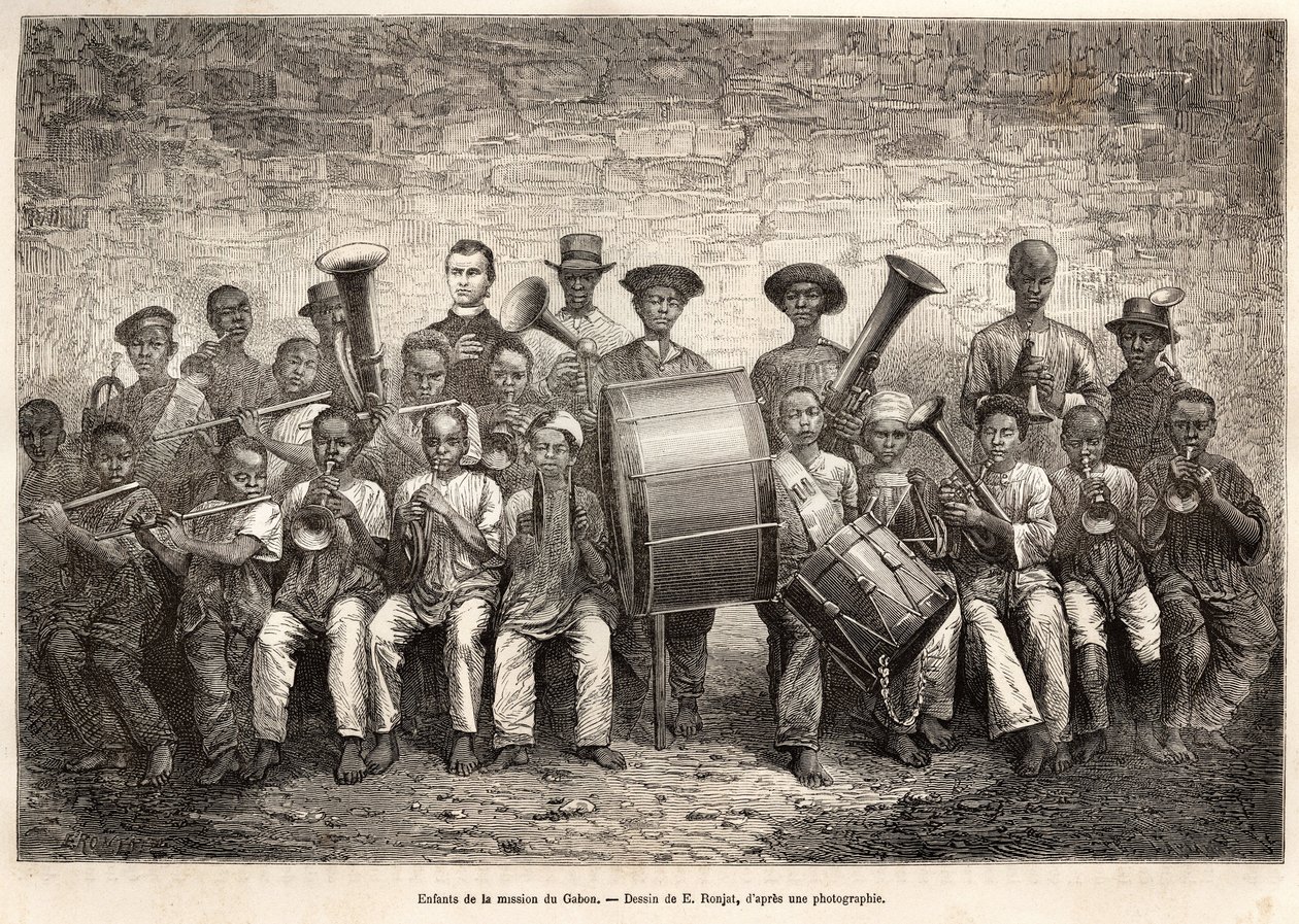 Zespół dzieci misji Gabon. Rycina według rysunku E.Ronjata, dla zilustrowania rejsu po wybrzeżu Afryki, autorstwa wiceadmirała Fleuriot de Langle, w 1868 r., opublikowana w „Le tour du monde” 1876, pod redakcją Edouarda Chartona, Hachet autorstwa Etienne Antoine Eugene Ronjat
