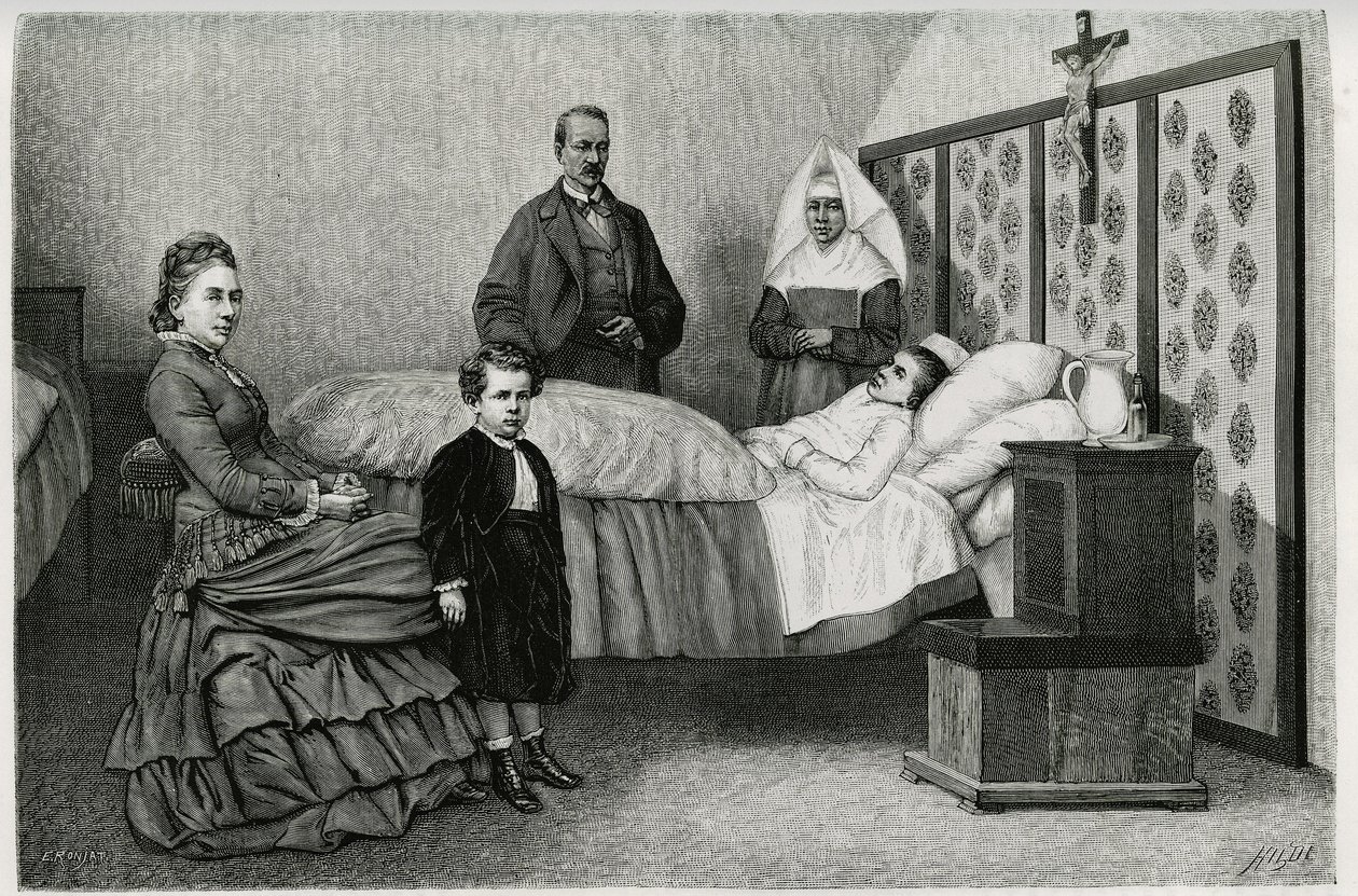 Konsultacja lekarska w hospicjum Logelbach. Grawer E.Ronjata, ilustrujący opowieść „Przez Alzację i Lotaryngię””, w 1884 r. autorstwa Charlesa Grada (1842-1890), niemieckiego zastępcy, pisarza i przyrodnika. Opublikowano w Le Tour du monde, nouveau journal autorstwa Etienne Antoine Eugene Ronjat