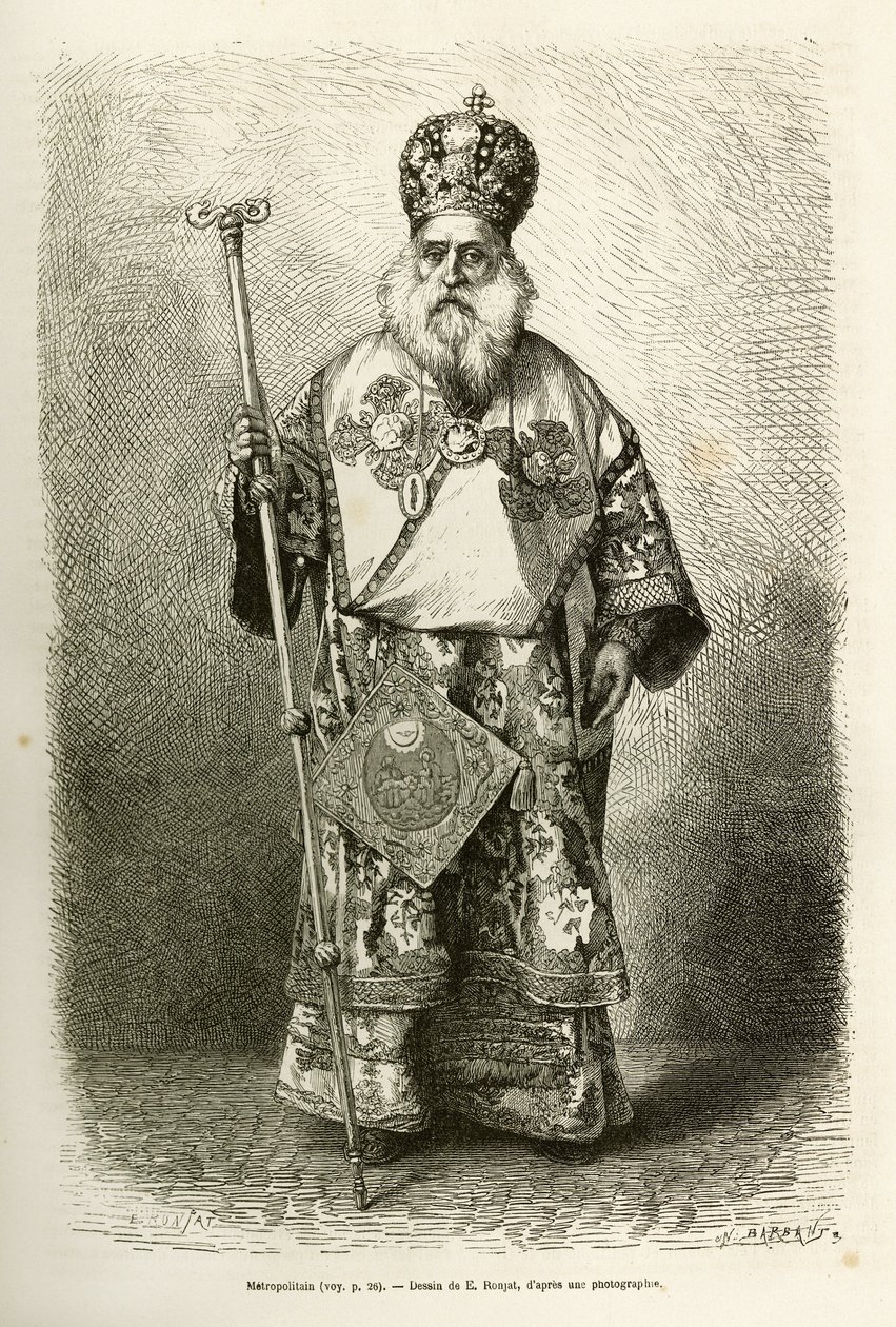 Metropolita wigilijna nowej katedry w Atenach. Grawer na podstawie rysunku E.Ronjata, dla zilustrowania podróży do Grecji, Henri Belle, w latach 1861-1868-1874, opublikowany w „” Le tour du monde””” 1876, pod redakcją Edouarda Chartona, wyd. Hachette, autorstwa Etienne Antoine Eugene Ronjat