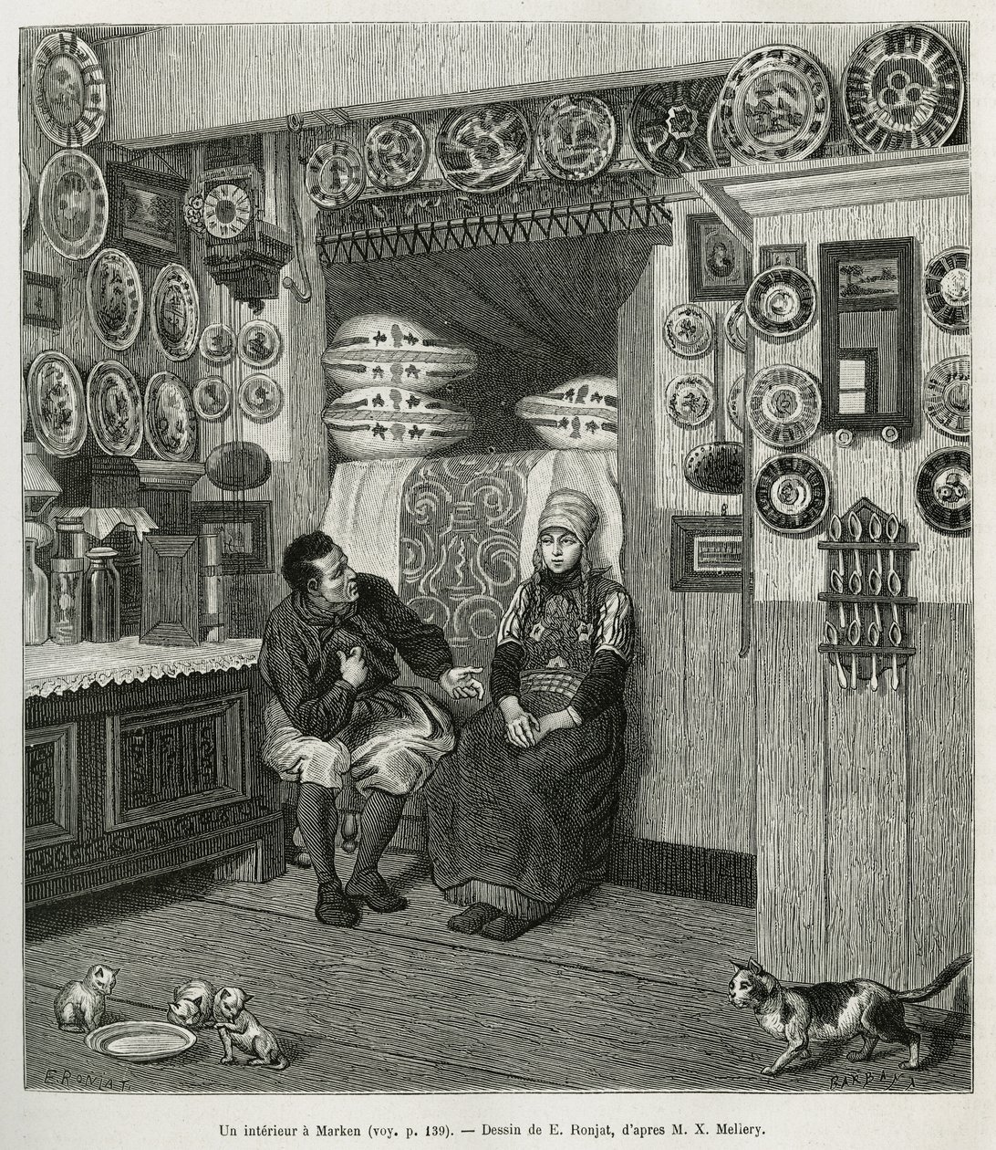 Un interieur à Marken (Pays Bas), rycina według rysunku E.Ronjata, ilustrująca historię Neerlande, autorstwa Charlesa de Coster, w 1878 r., opublikowana w tour du monde, pod kierunkiem Edouarda Chartona autorstwa Etienne Antoine Eugene Ronjat