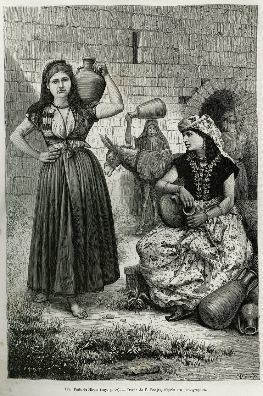 Kobiety niosące dzbany w pobliżu studni Hirama w Tyrze. Grawer E.Ronjata, aby zilustrować historię La Syria d