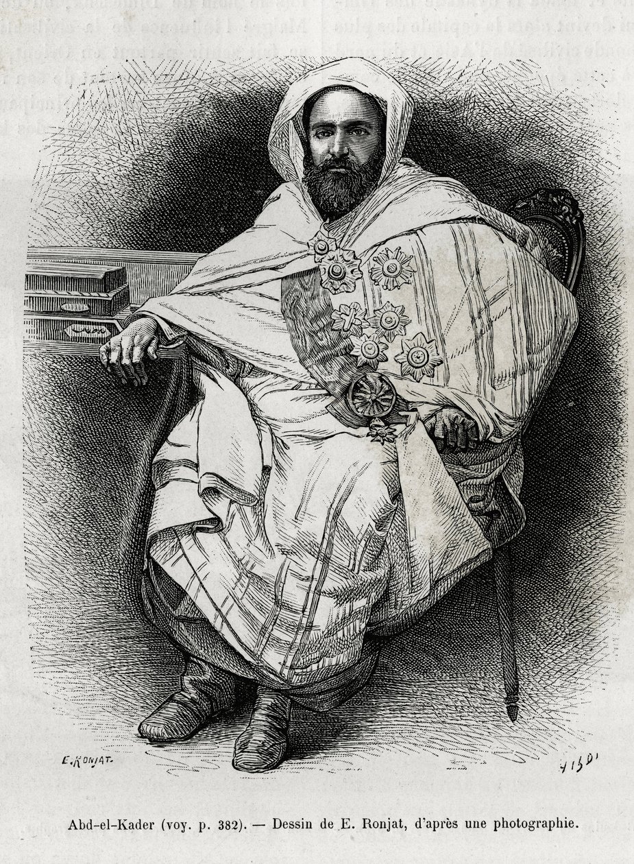 portret Abd El Kadera (1808-1883) algierskiego emira i sułtana, sufickiego teologa, polityka i wojskowego oporu wobec francuskiej armii kolonialnej, a także pisarza, poety i filozofa. Grawerowanie E.Ronjata, aby zilustrować historię La Syria d