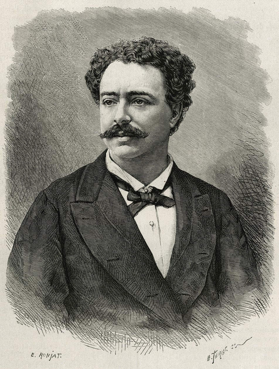 portret autora i podróżnika Edmondo de Amicis (1846-1908), włoskiego pisarza, rycina E.Ronjata, ilustrująca historię Maroka autorstwa Edmondo de Amicis, w 1875 r., opublikowana w tour du monde, pod kierunkiem Edouarda Charton autorstwa Etienne Antoine Eugene Ronjat