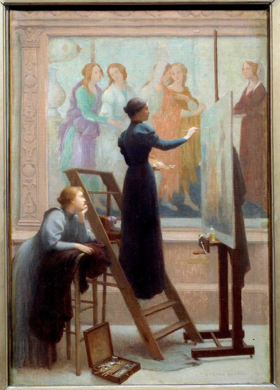 Au Louvre (dwie kobiety kopiujące fresk Botticellego) Obraz Etienne Azambre (1859-1933) 1894 Nd. 0,61x0,41 m Uwaga! Korzystanie z tej pracy może podlegać żądaniu autoryzacji strony trzeciej lub dodatkowym opłatom autorstwa Etienne Azambre