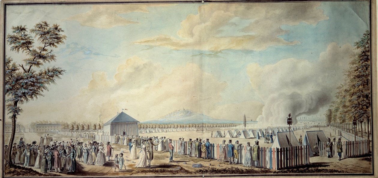 Rewolucja francuska: „”Obóz wojskowy Szkoły Marsa przyszłych kierowników armii republikańskiej”” Akwarela autorstwa Etienne Bericourt (XVIII wiek) 1794 Paryż, B.N. autorstwa Etienne Bericourt