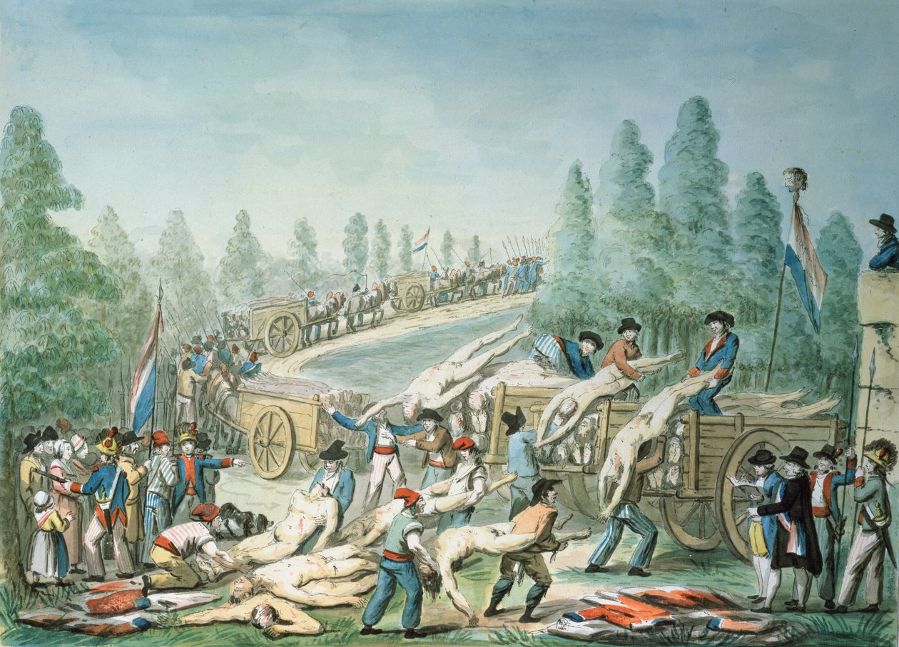 Transport zwłok podczas rewolucji, ok. 1790 (pióro, tusz i gwasz na papierze) autorstwa Etienne Bericourt