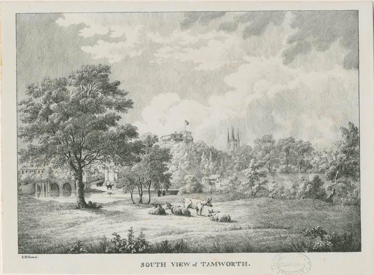 Tamworth - Daleki widok z południa: litografia, bd [1796-1865] autorstwa Etienne Bruno Hamel