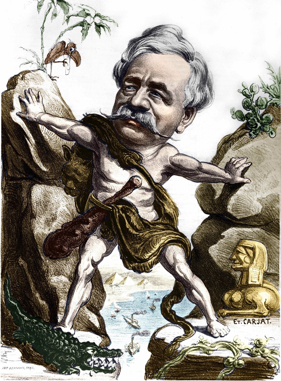 Ferdinand de Lesseps (1805-1894), francuski dyplomata i administrator na Kanale Sueskim. Karykatura Carjata. autorstwa Etienne Carjat