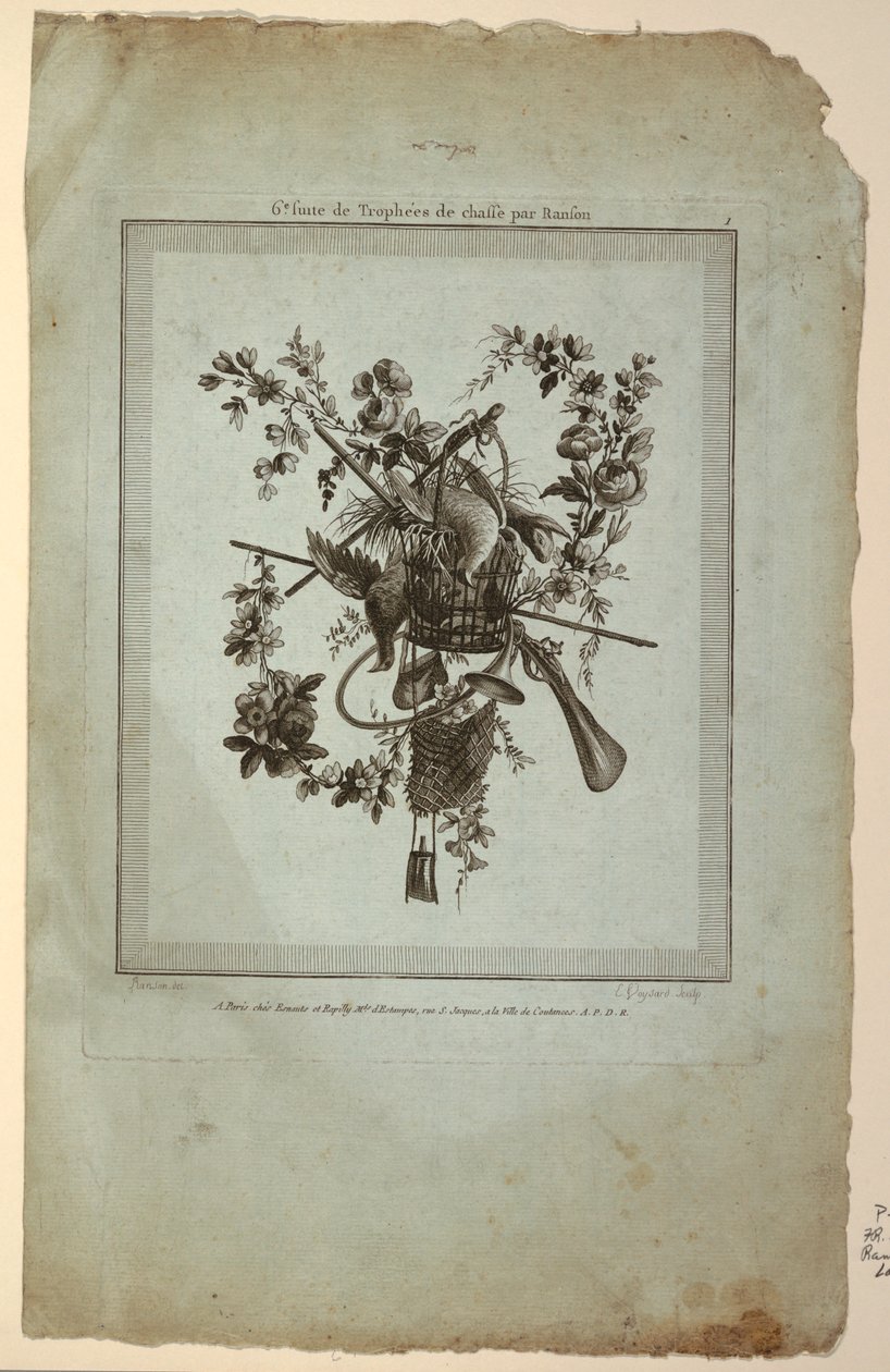 Trofeum z narzędziami polowania, płyta 1 z „Suite de Trophées de chasse”, Suite VI autorstwa Etienne Claude Voysard