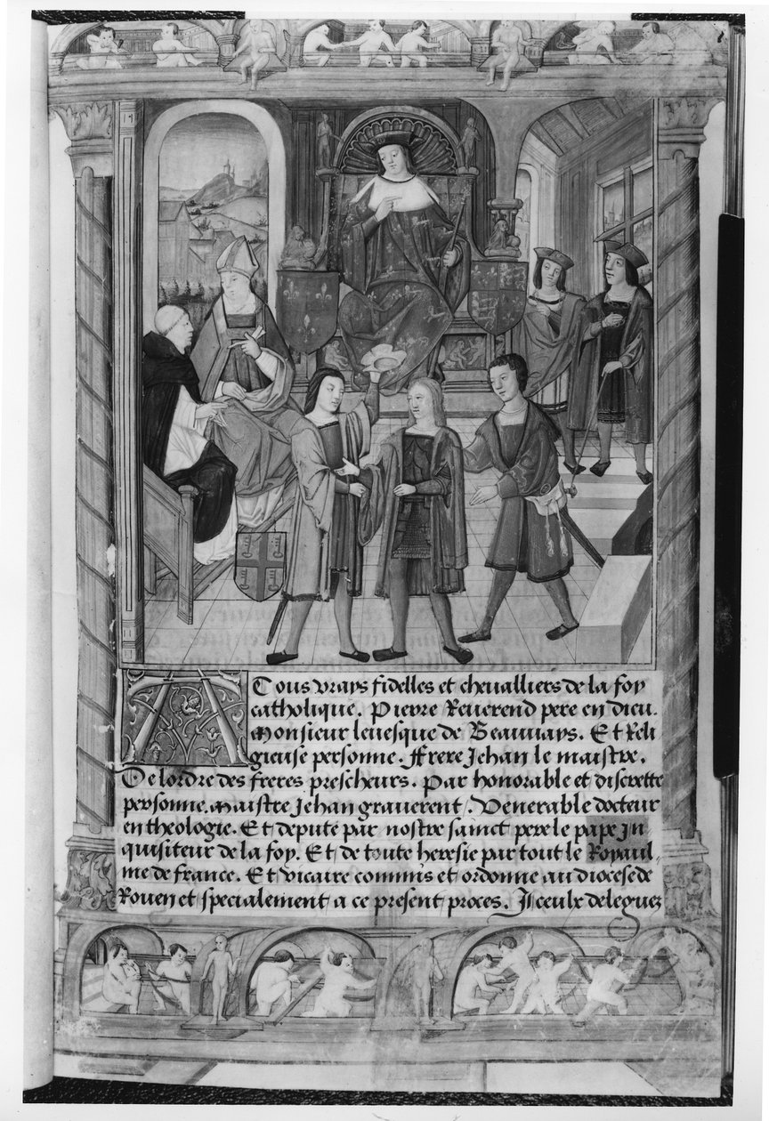 Henryk VI (1421-71) i Pierre Cauchon (1371-1442) biskup Beauvais i Lisieux, z rękopisu Diany de Poitiers (fot. bw) autorstwa Etienne Collant