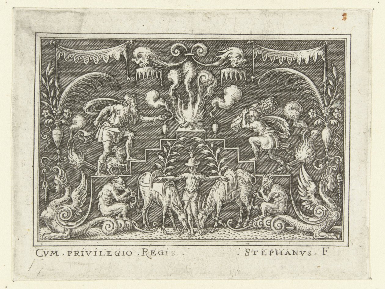 Abraham zamierza złożyć w ofierze Izaaka Dekoracje powierzchniowe ze scenami ze Starego Testamentu w groteskowej oprawie (tytuł serii) autorstwa Etienne Delaune