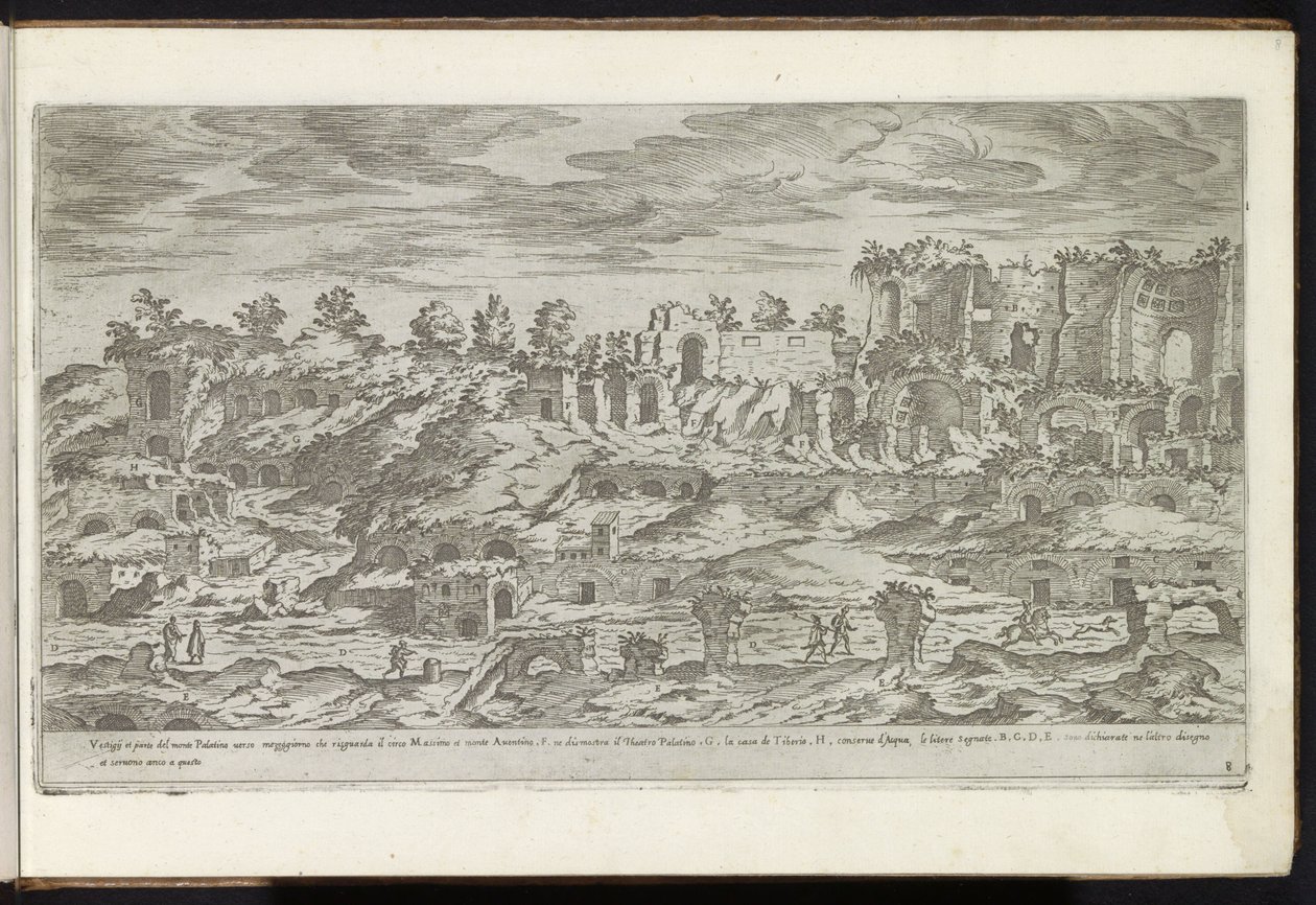 Palatijn te Rome Bouwwerken uit de oudheid (tytuł serii) Ślady starożytnego Rzymu zebrane i sfotografowane w perspektywie przez Stefano Du Perac Parisino (tytuł serii na obiekcie) autorstwa Etienne Duperac