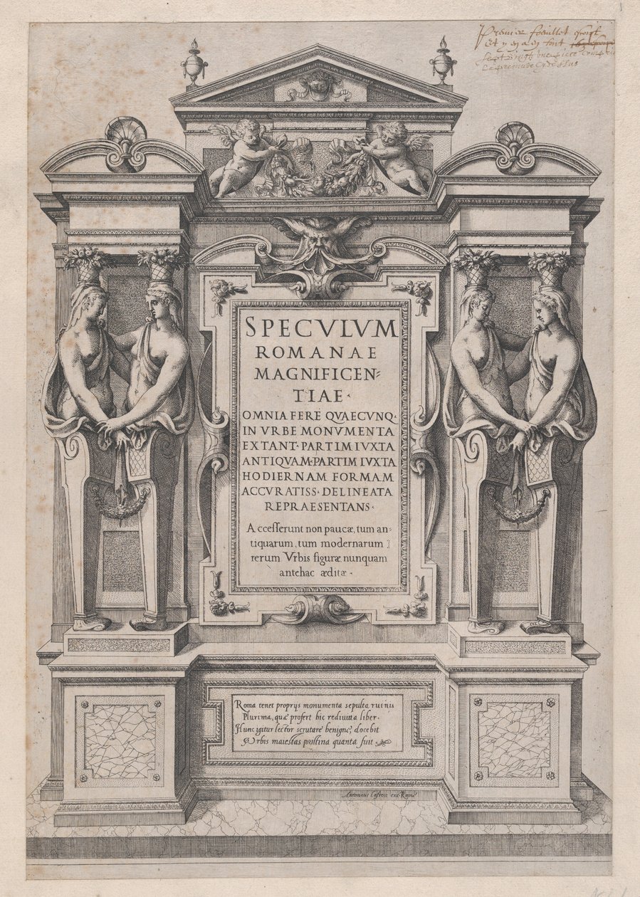 Lustro Wspaniałości Rzymskiej: Strona tytułowa rytowana w obrębie architektury i rzeźby..., 1573-77. autorstwa Etienne Duperac
