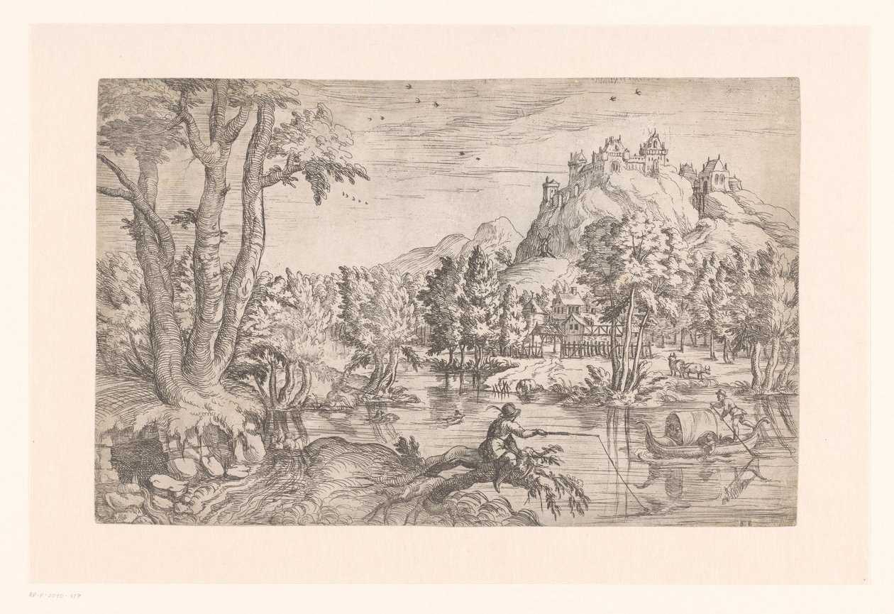 Krajobraz z rybakiem i zamkiem na szczycie góry autorstwa Etienne Dupérac (attributed to)