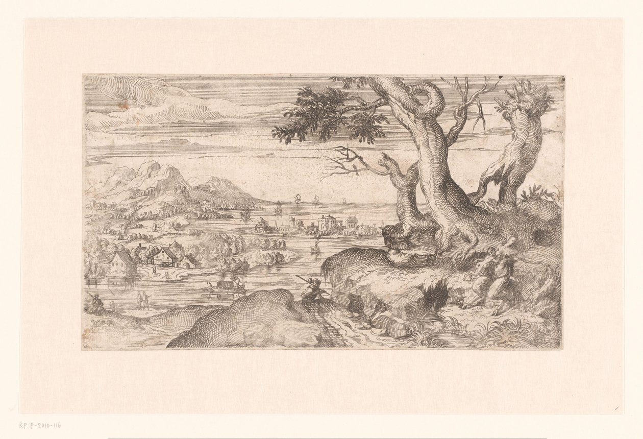 Krajobraz z satyrką karmiącą satyrskie dziecko autorstwa Etienne Dupérac (attributed to)