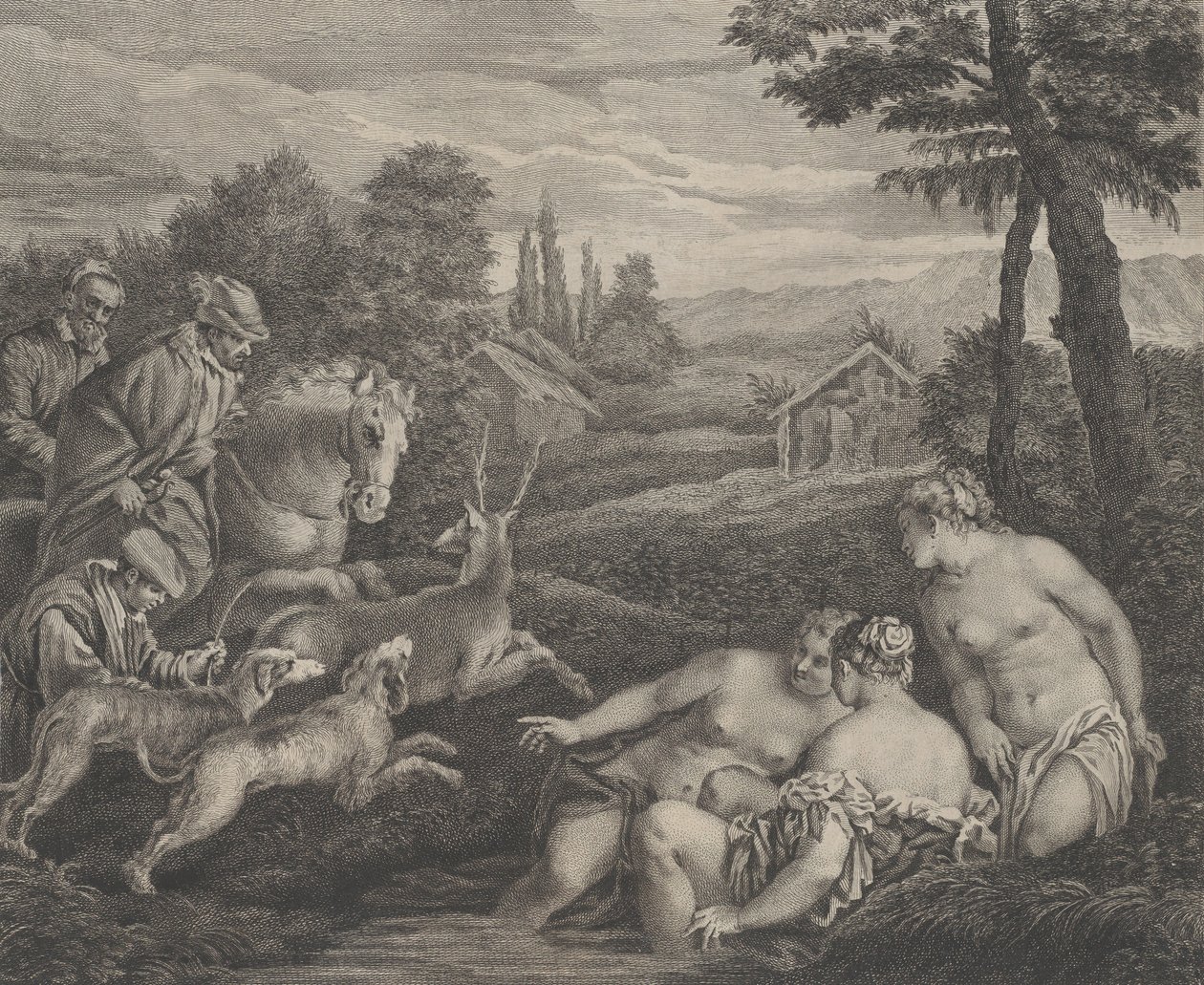 Diana i Acteon zamienieni w jelenia, ca. 1742. autorstwa Etienne Fessard
