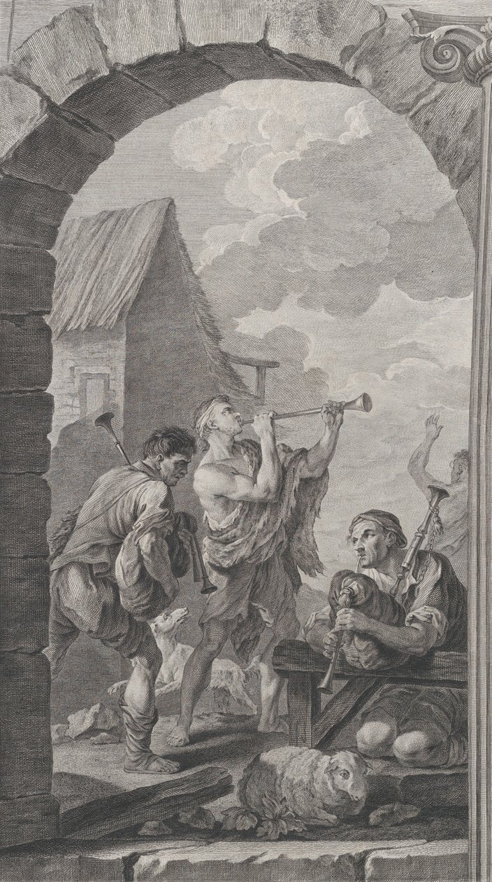 Kaplica Podrzutków w Paryżu: Grupa pasterzy: trąb..., 1754. autorstwa Etienne Fessard