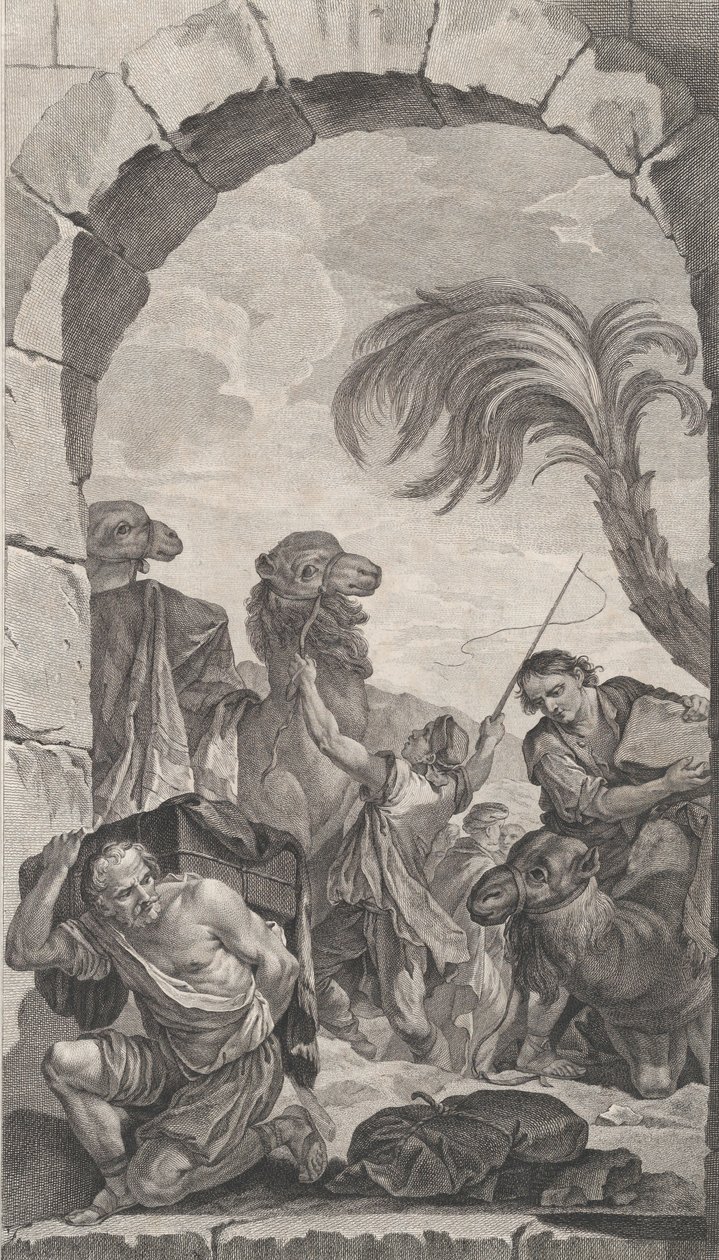 Kaplica podrzutków w Paryżu: Suita Trzech Króli: poganiacze i tragarze wielbłądów..., 1756. autorstwa Etienne Fessard
