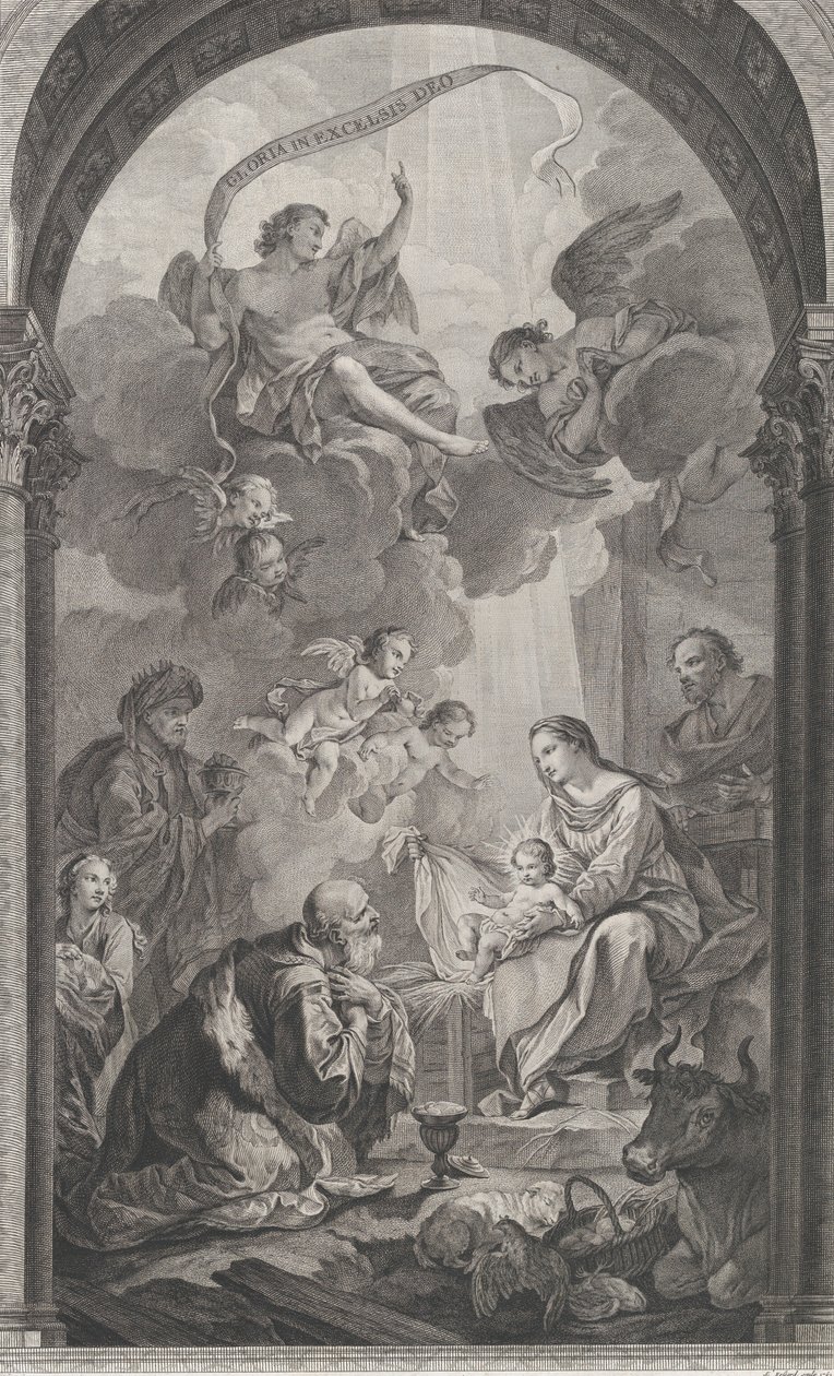 Kaplica podrzutków w Paryżu: Magi Gaspard i Melchior adorujący E..., 1752. autorstwa Etienne Fessard
