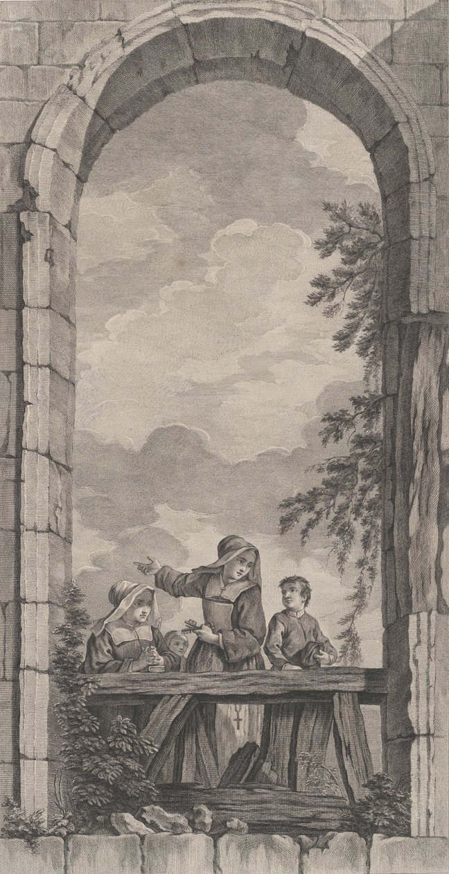 Kaplica podrzutków w Paryżu: Zakonnice i chłopcy patrzące na szopkę,..., 1757. autorstwa Etienne Fessard