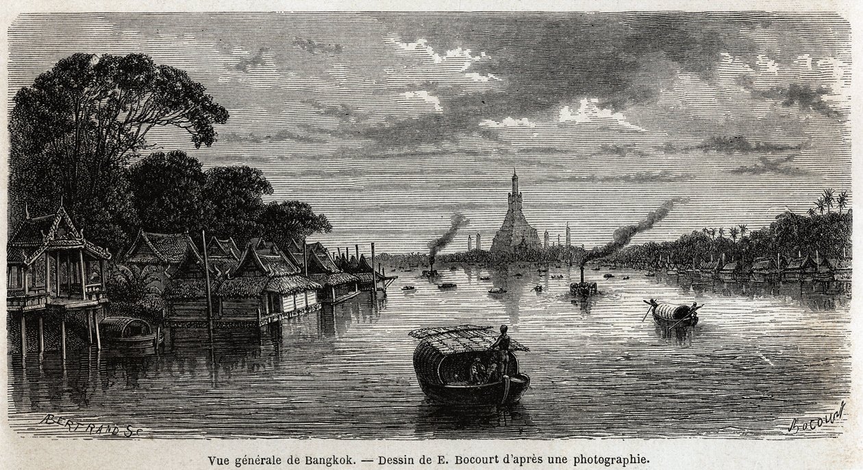 Ogólny widok Bangkoku (Tajlandia), rysunek E. Bocoura, ilustrujący podróż Henri Mouhota do królestw Syjamu, Kambodży i Laosu w latach 1858-1861. Grawer w „”Le tour du monde””, pod redakcją Edouarda Chartona autorstwa Etienne Gabriel Bocourt
