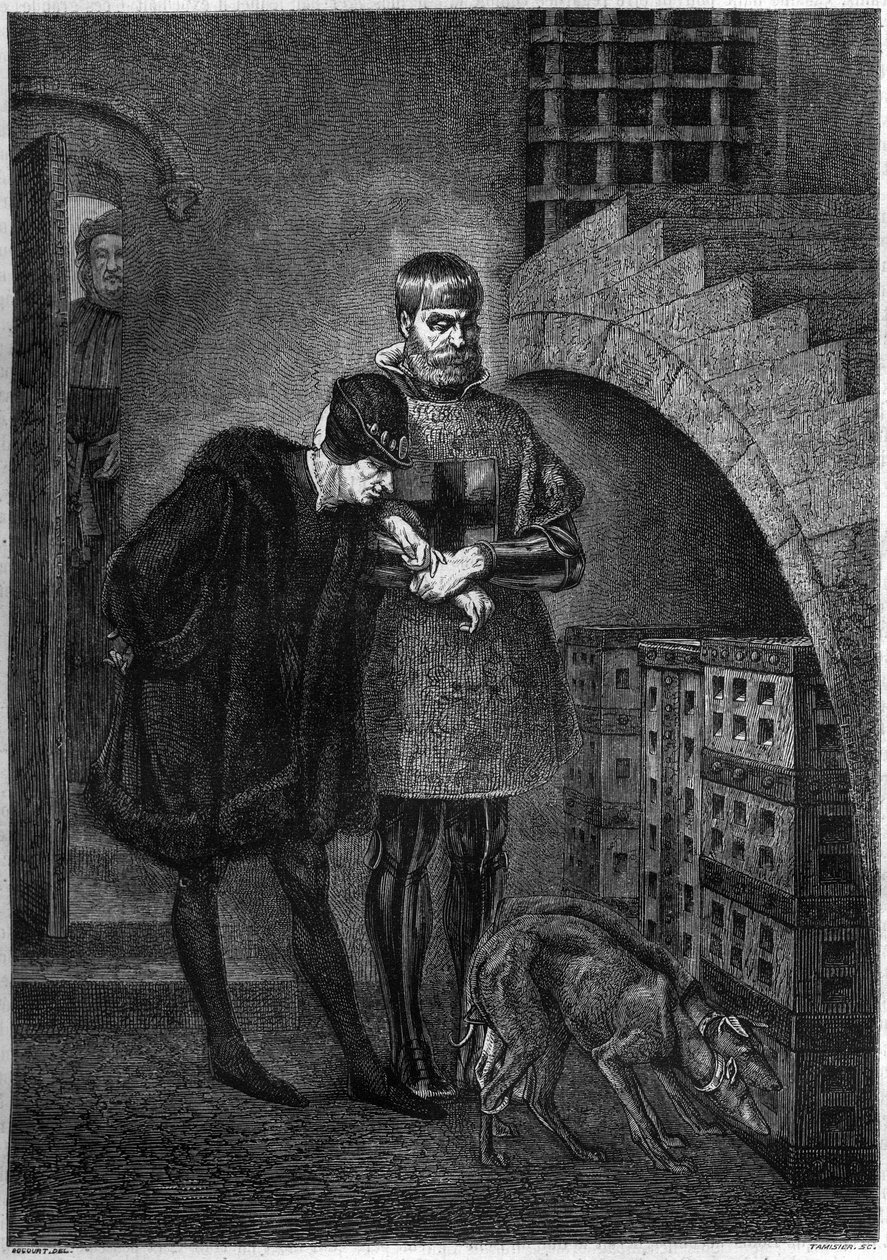 Król Francji Ludwik XI (1423-1483) odwiedzający więźnia Jean de La Balue (kardynał Balue) (1421-1491), zamyka się w żelaznej klatce. Grawer Bocoura po obrazie Gerome autorstwa Etienne Gabriel Bocourt