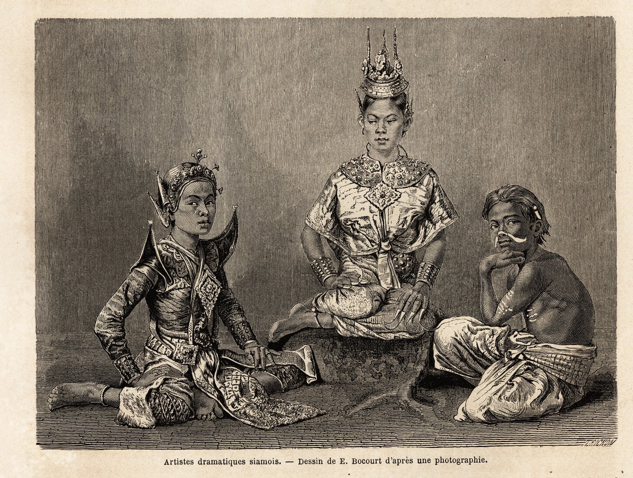 Syjamscy artyści dramatyczni, rysujący E. Bocoura, ilustrujący podróż Henri Mouhota do królestw Syjamu, Kambodży i Laosu w latach 1858-1861. Grawerowanie w „”Le tour du monde””, pod redakcją Edouarda Chartona autorstwa Etienne Gabriel Bocourt