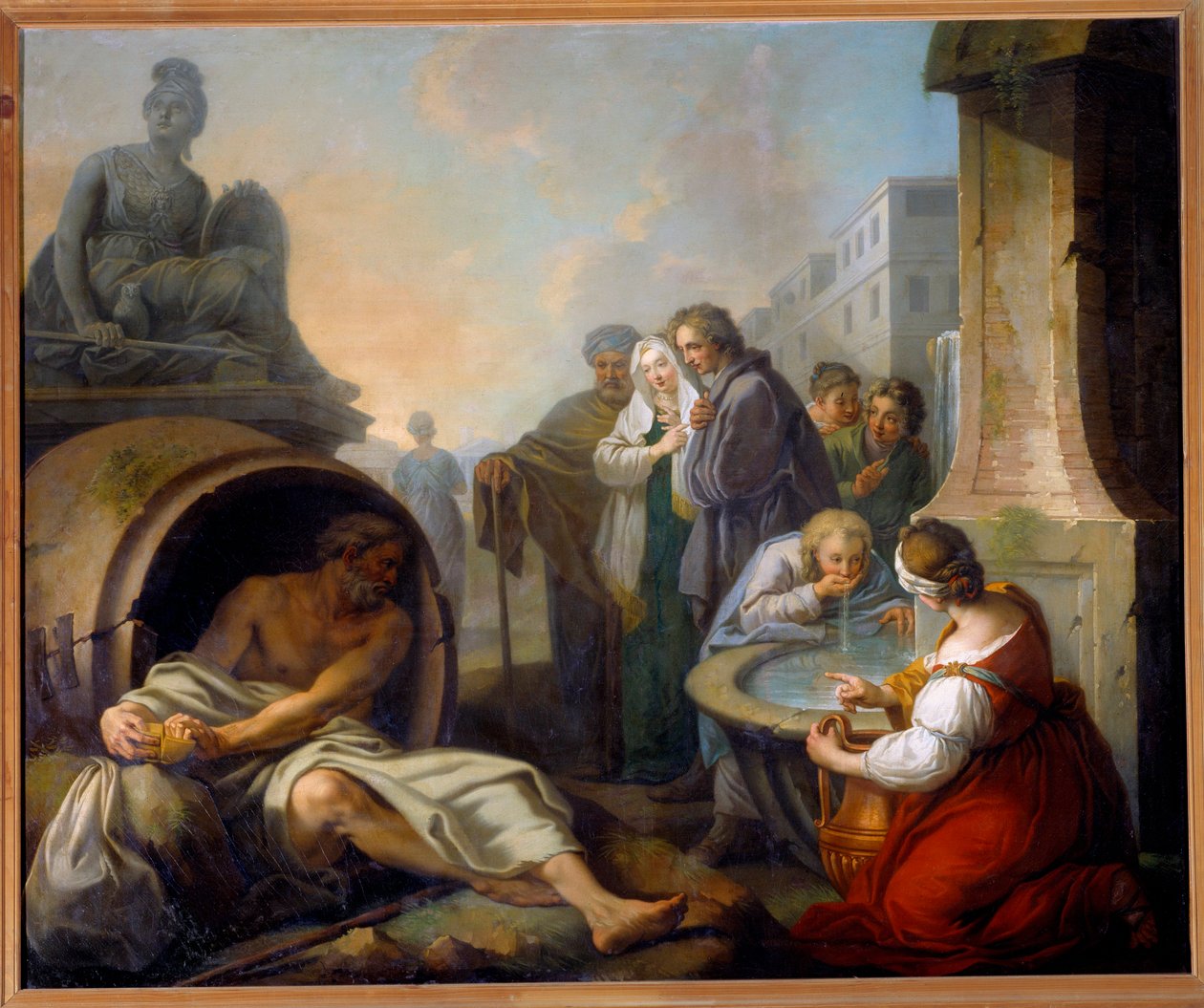Diogene łamiący swój ekularz Diogene z Synopy zwany cynikiem (413-327 pne), grecki filozof, porzuca ekularę po tym, jak zobaczył dziecko pijące wodę w jego dłoniach przy fontannie. Obraz Etienne Jeaurat (1699-1789) XVIII w. Niedz. 1,62x1,95m Paryż, autorstwa Étienne Jeaurat
